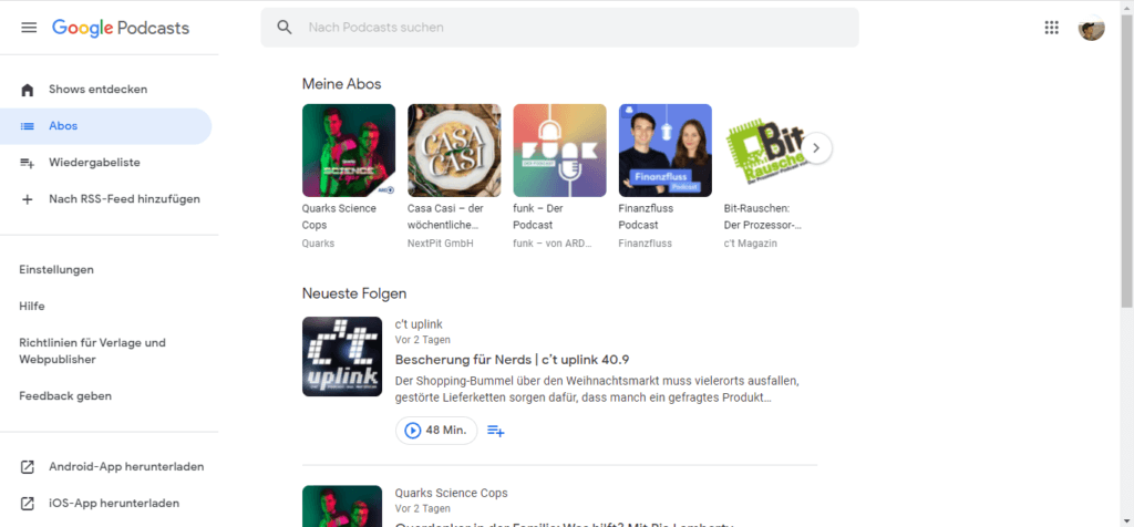 Google Podcasts im Browser