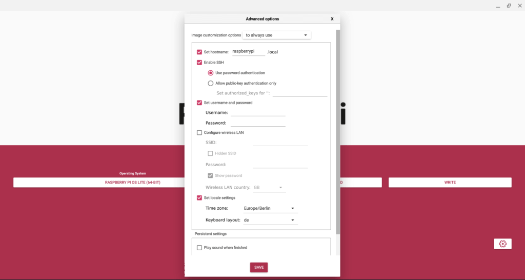 Raspberry Pi Imager (Settings)