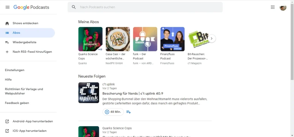 Google Podcasts im Browser